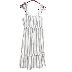 🔴5 for $40 SALE Madison Grey, Blue & Grey Striped Ruffle  Detail Midi Dress sz S